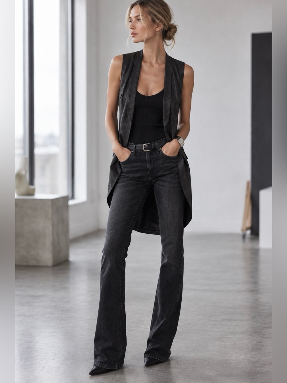 Isabel Benenato Black Textured Leather Open Front Gilet Waistcoat/Vest - Size S
